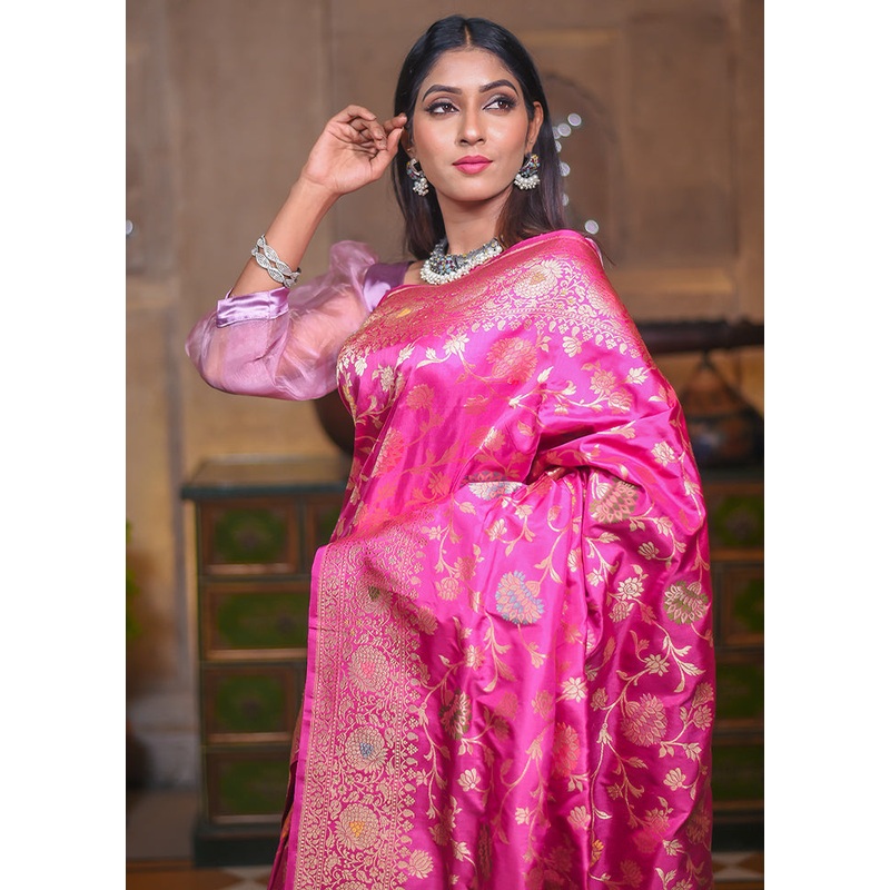 Pink Katan Pure Silk Saree With Blouse Piece - JD986614302
