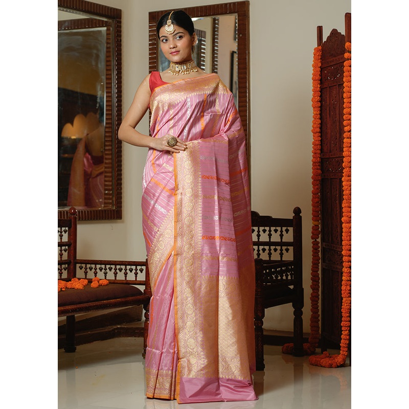Pink Katan Pure Silk Saree With Blouse Piece - JD986614304