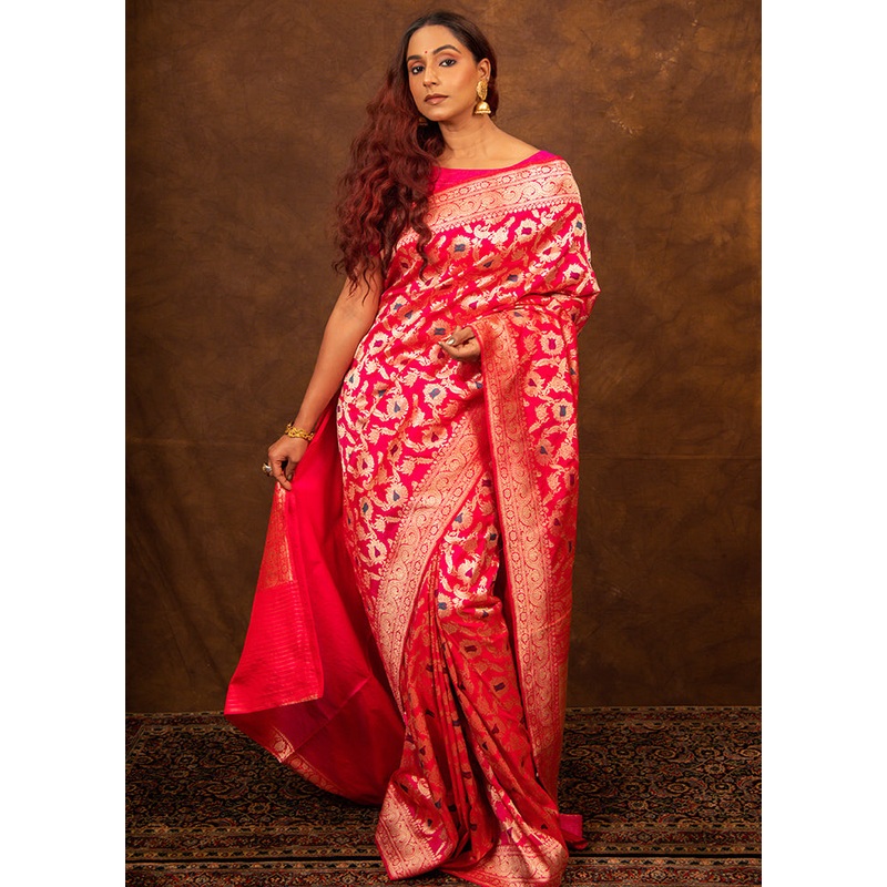 Pink Katan Pure Silk Saree With Blouse Piece - JD986614306