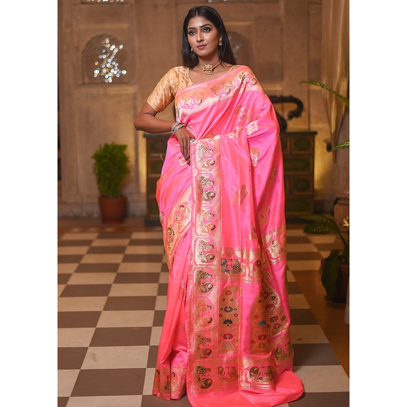 Pink Katan Pure Silk Saree With Blouse Piece - JD986614307