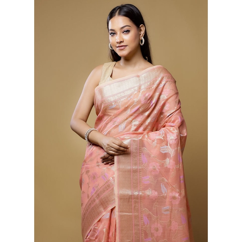 Pink Kora Silk Saree With Blouse Piece - JD986614401