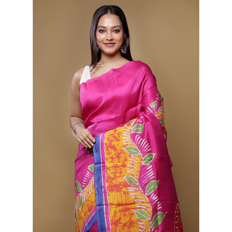 Pink Printed Pure Silk Saree Without Blouse Piece - JD986614437