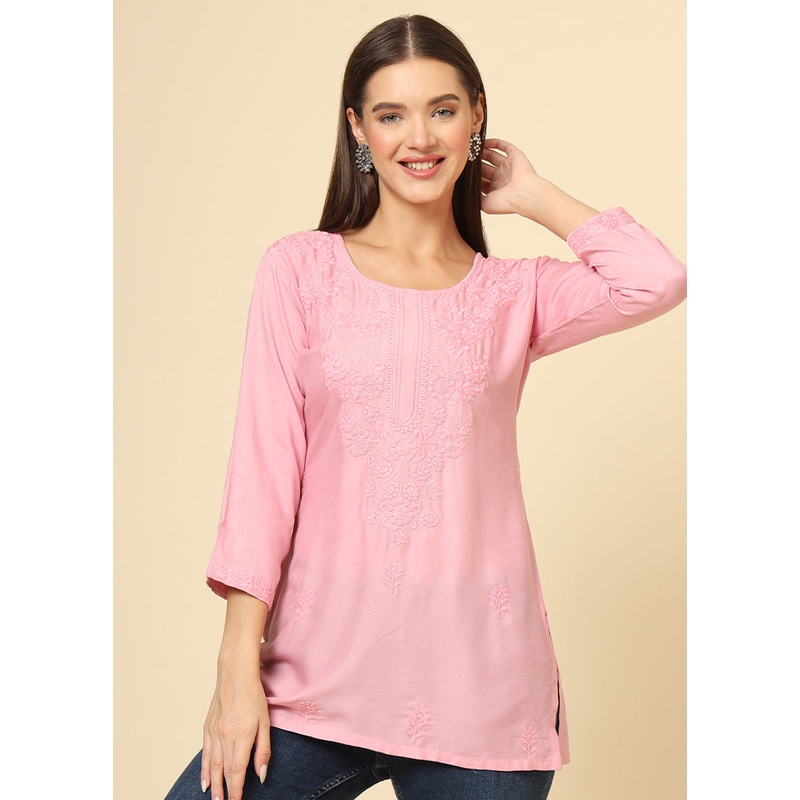 Pink Readymade Rayon Short Kurti - JD986614378