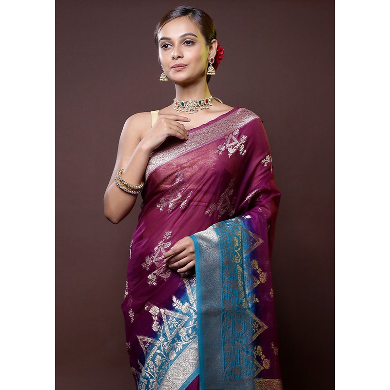 Purple Organza Saree With Blouse Piece - JD986614409