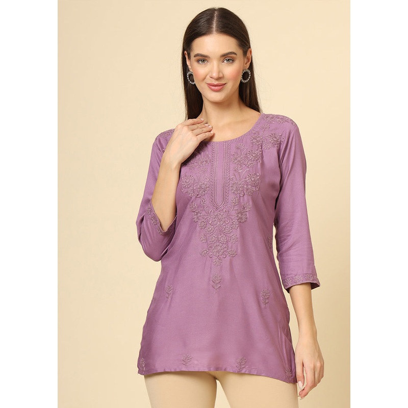Purple Readymade Rayon Short Kurti - JD986614377