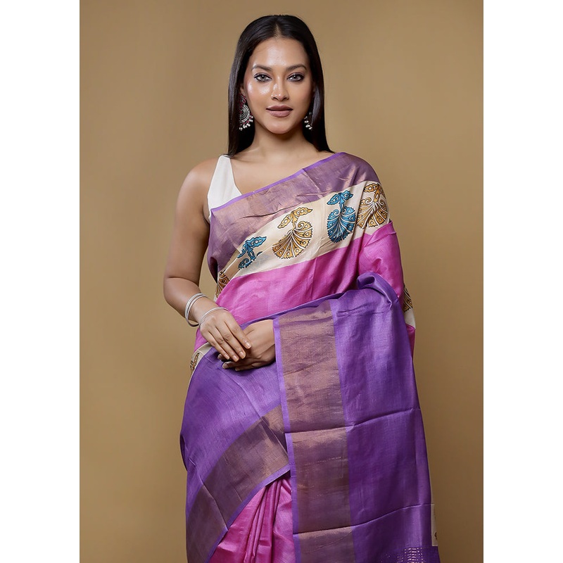 Purple Tussar Silk Saree With Blouse Piece - JD986614436