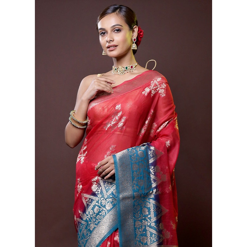 Red Organza Saree With Blouse Piece - JD986614407
