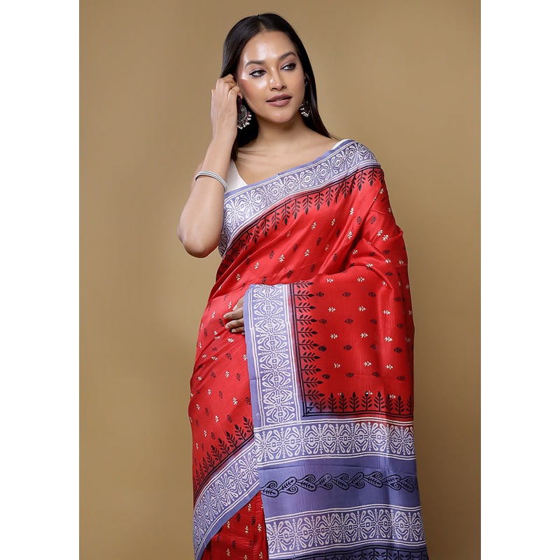 Red Printed Pure Silk Saree Without Blouse Piece - JD986614435