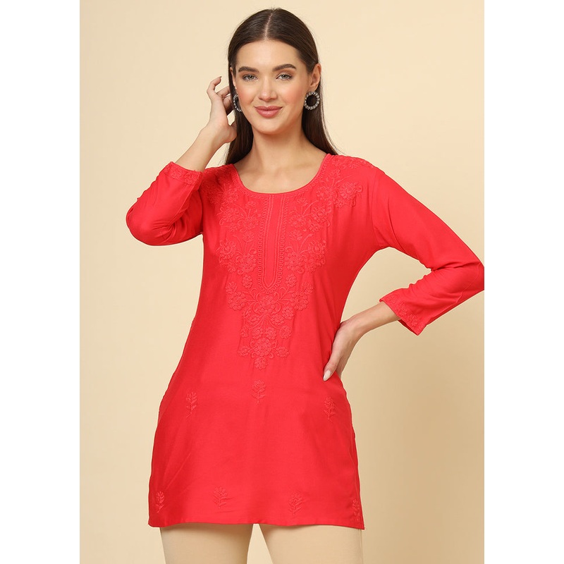 Red Readymade Rayon Short Kurti - JD986614376