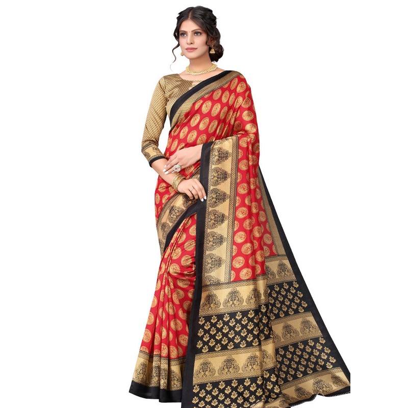 Red Spun Silk Woven Saree With Blouse Piece - JD986614456