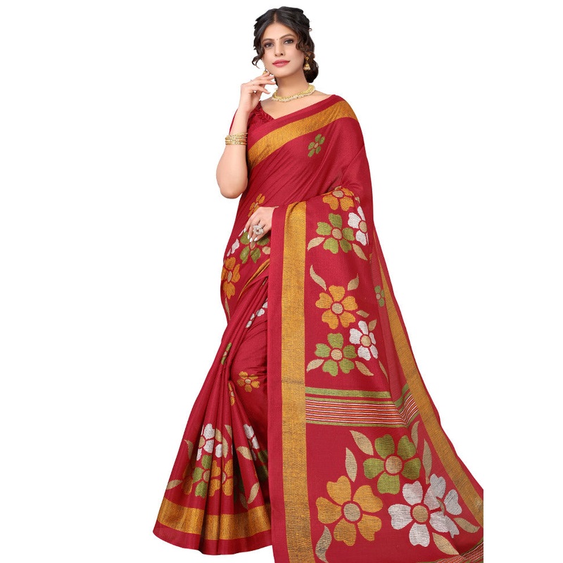 Red Spun Silk Woven Saree With Blouse Piece - JD986614471