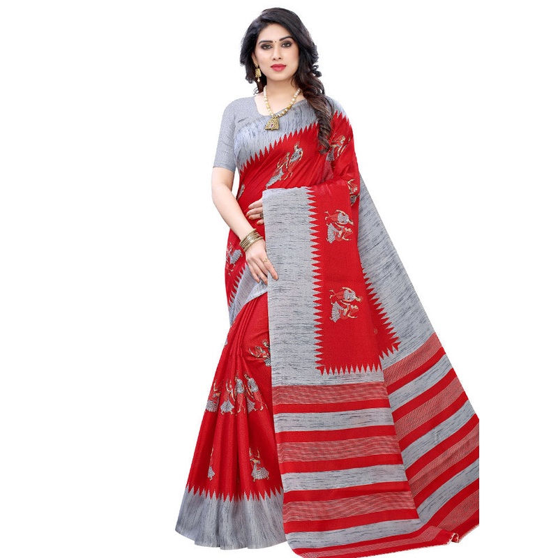 Red Spun Silk Woven Saree With Blouse Piece - JD986614490