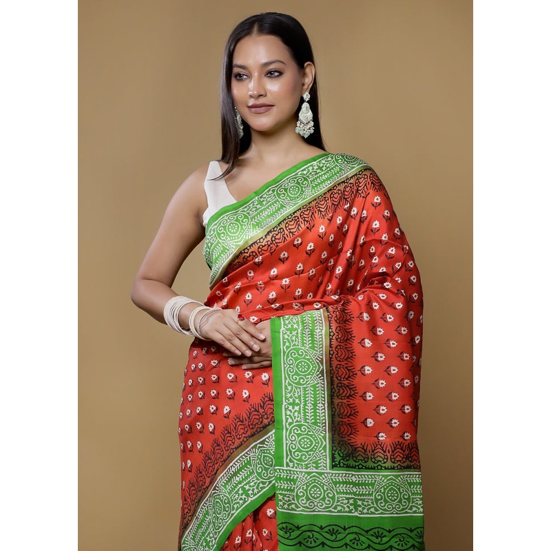 Rust Printed Pure Silk Saree Without Blouse Piece - JD986614433
