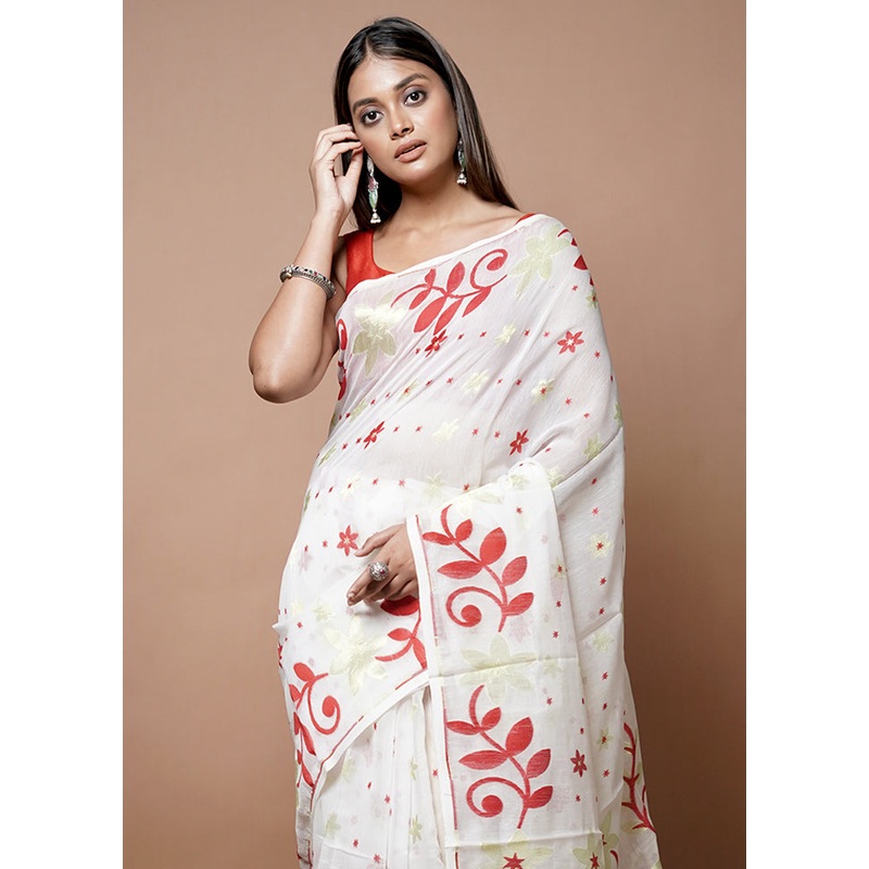 White Tant Jamdani Cotton Saree Without Blouse Piece - JD986614399