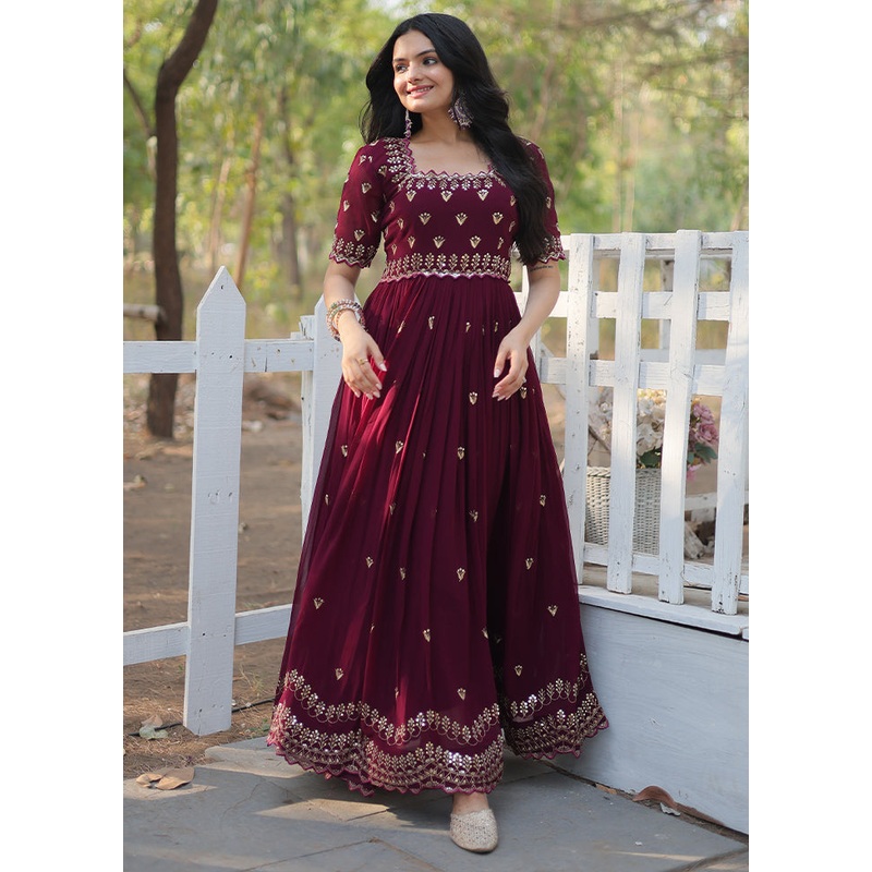 Wine Readymade Georgette Indian Dress - JD986614375
