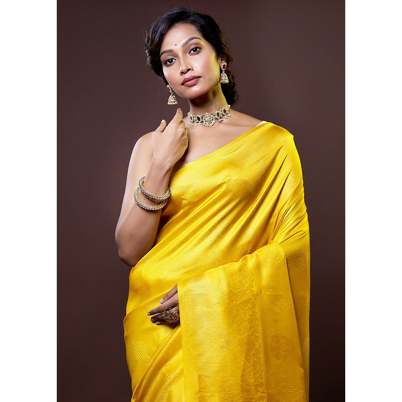 Yellow Dupion Silk Saree With Blouse Piece - JD986614405