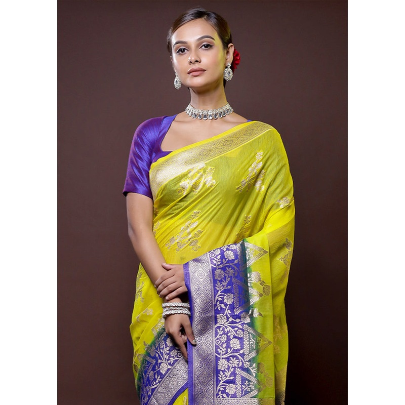 Yellow Organza Saree With Blouse Piece - JD986614404