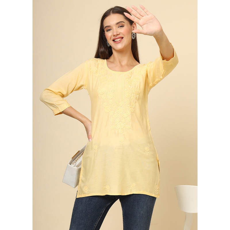 Yellow Readymade Rayon Short Kurti - JD986614374