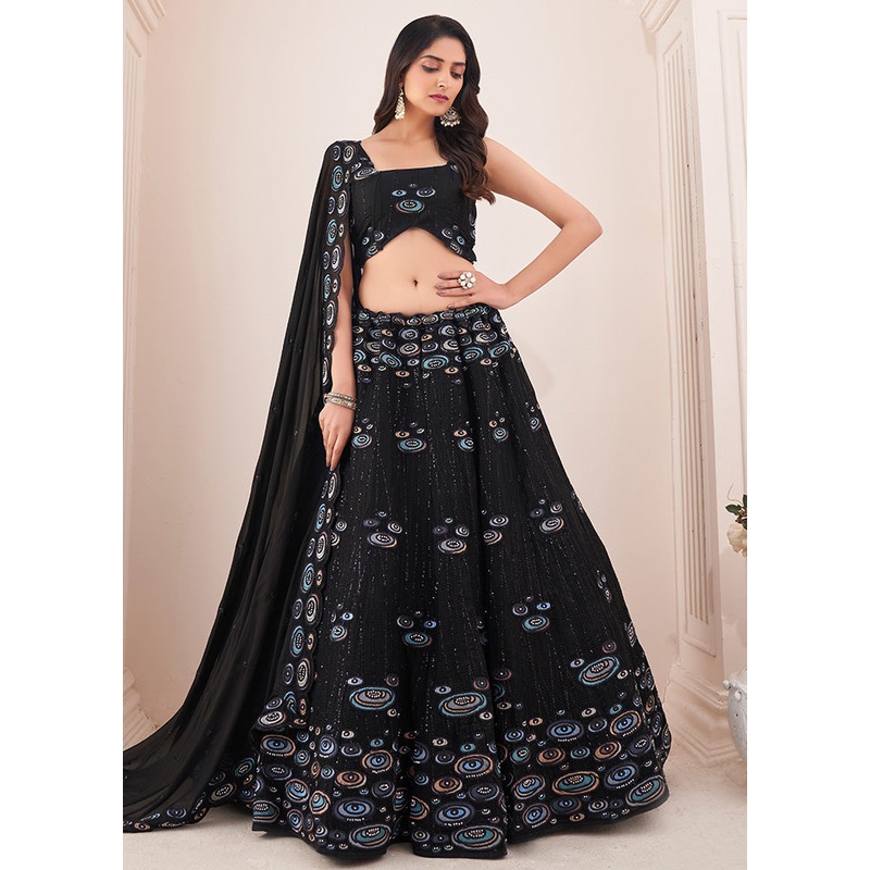3 Pc Black Semi Stitched Pure Georgette Lehenga Set - JD986614224