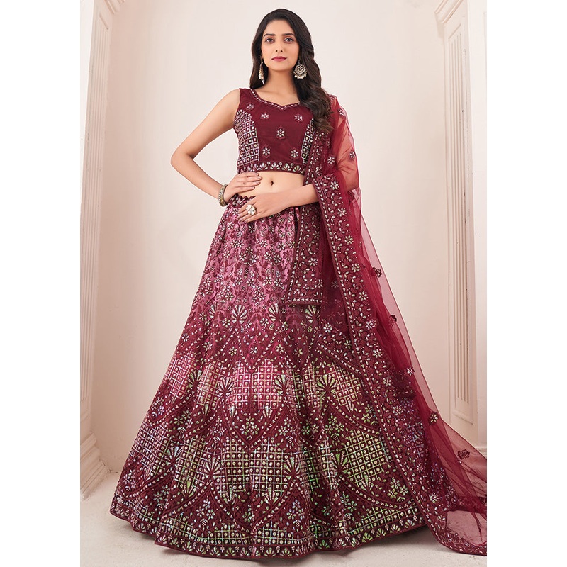 3 Pc Burgundy Semi Stitched Pure Net Lehenga Set - JD986614226