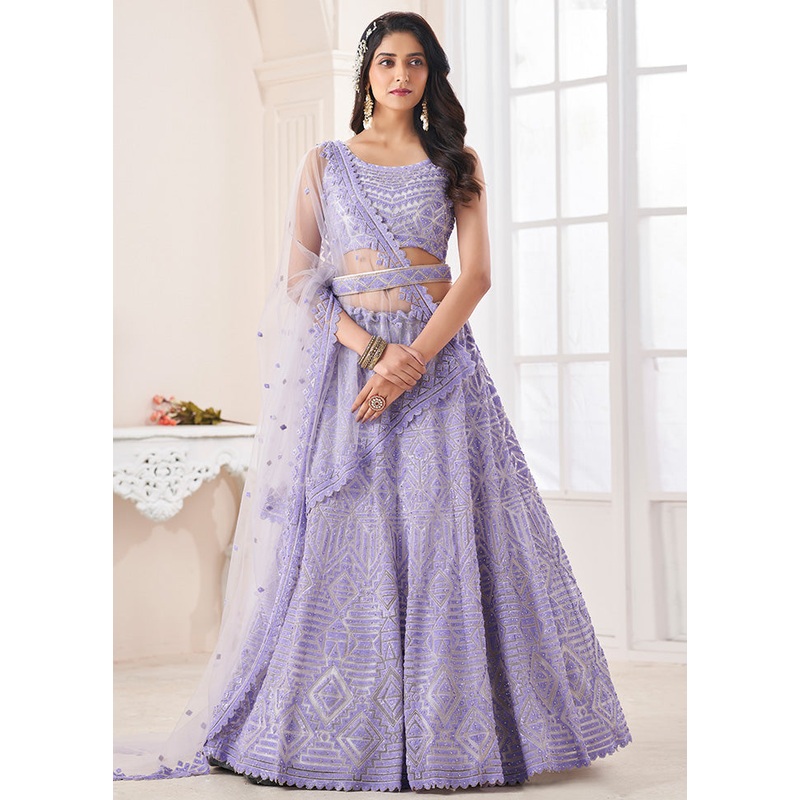 3 Pc Lilac Semi Stitched Pure Net Lehenga Set - JD986614228