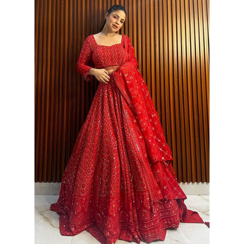 3 Pc Red Georgette Semi Stitched Lehenga Set - JD986614198