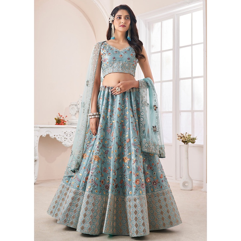 3 Pc Sky Blue Semi Stitched Pure Silk Lehenga Set - JD986614225