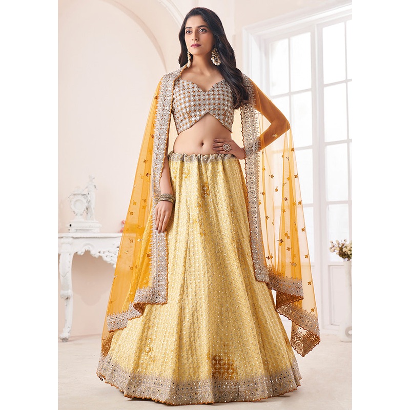 3 Pc Yellow Semi Stitched Pure Georgette Lehenga Set - JD986614227