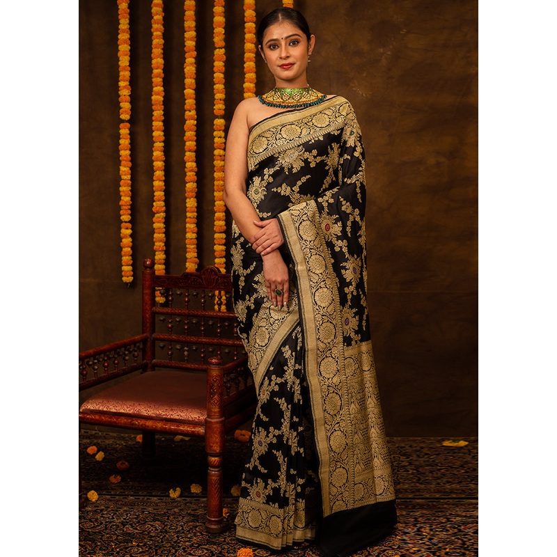 Black Katan Pure Silk Saree With Blouse Piece - JD986614106