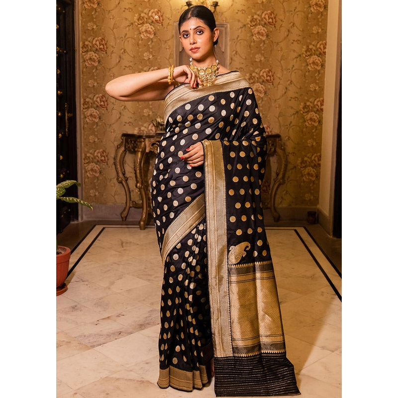 Black Katan Pure Silk Saree With Blouse Piece - JD986614107