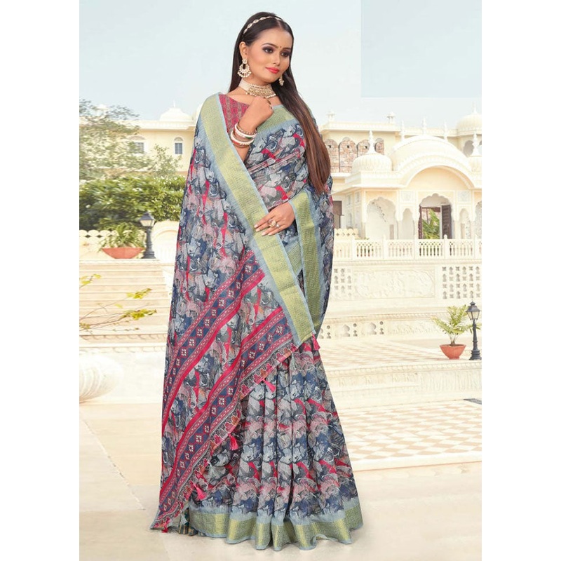 Blue Cotton Saree With Blouse Piece - JD986614164