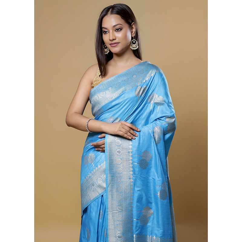 Blue Dupion Silk Saree With Blouse Piece - JD986614110