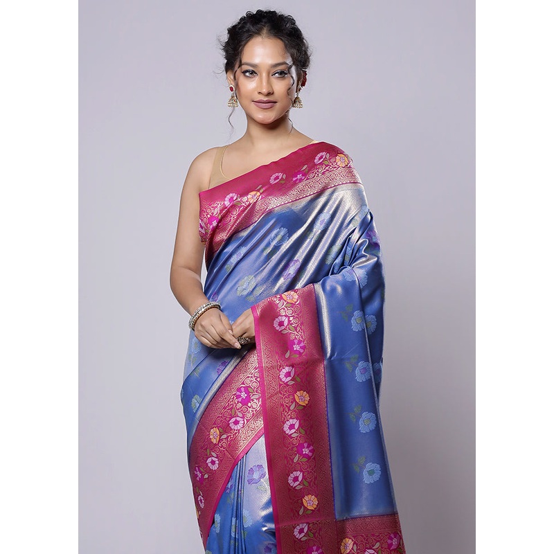 Blue Dupion Silk Saree With Blouse Piece - JD986614252