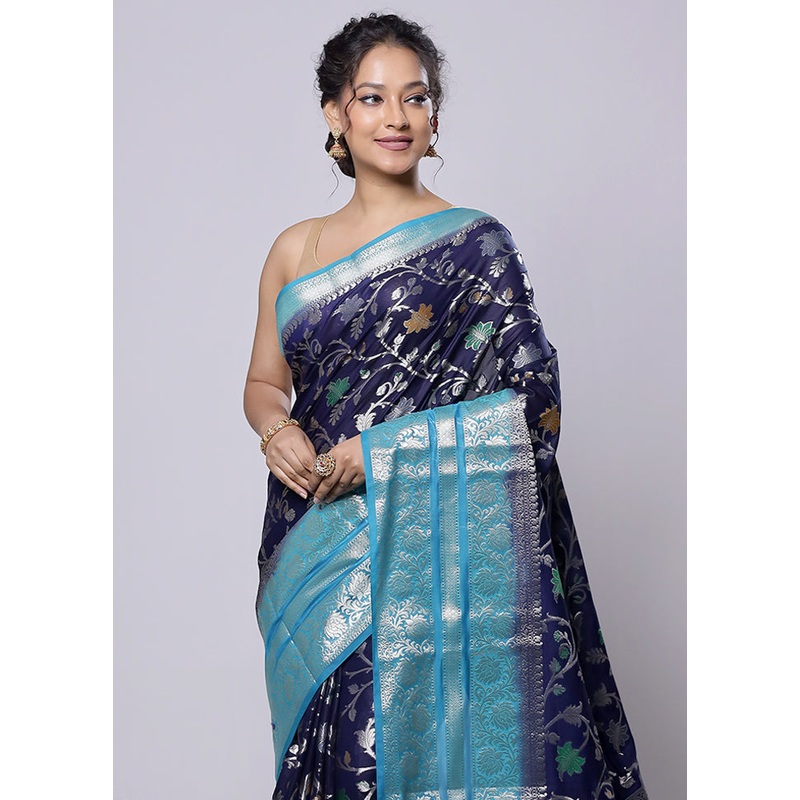 Blue Kora Silk Saree With Blouse Piece - JD986614251
