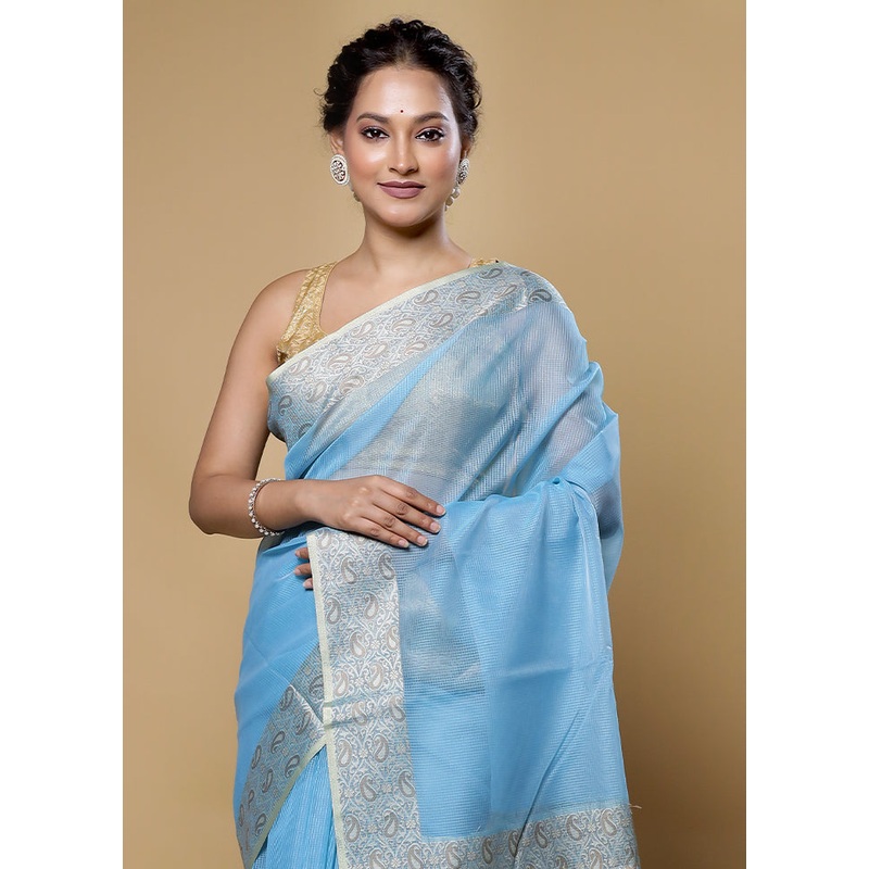 Blue Kota Cotton Saree With Blouse Piece - JD986614109