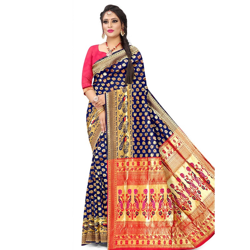 Blue Spun Silk Saree With Blouse Piece - JD986614219