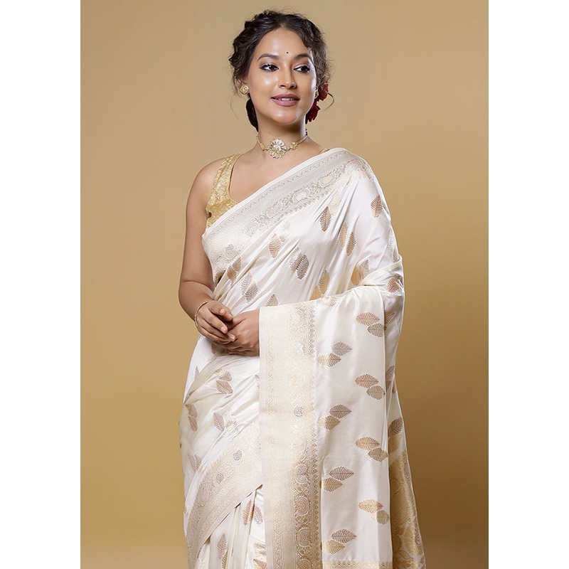 Cream Dupion Silk Saree With Blouse Piece - JD986614108