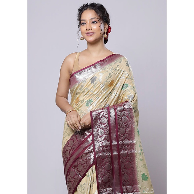 Cream Kora Silk Saree With Blouse Piece - JD986614250