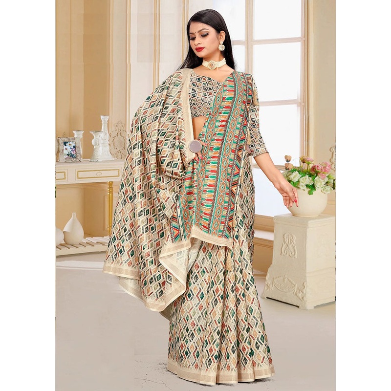 Cream Spun Silk Saree With Blouse Piece - JD986614160