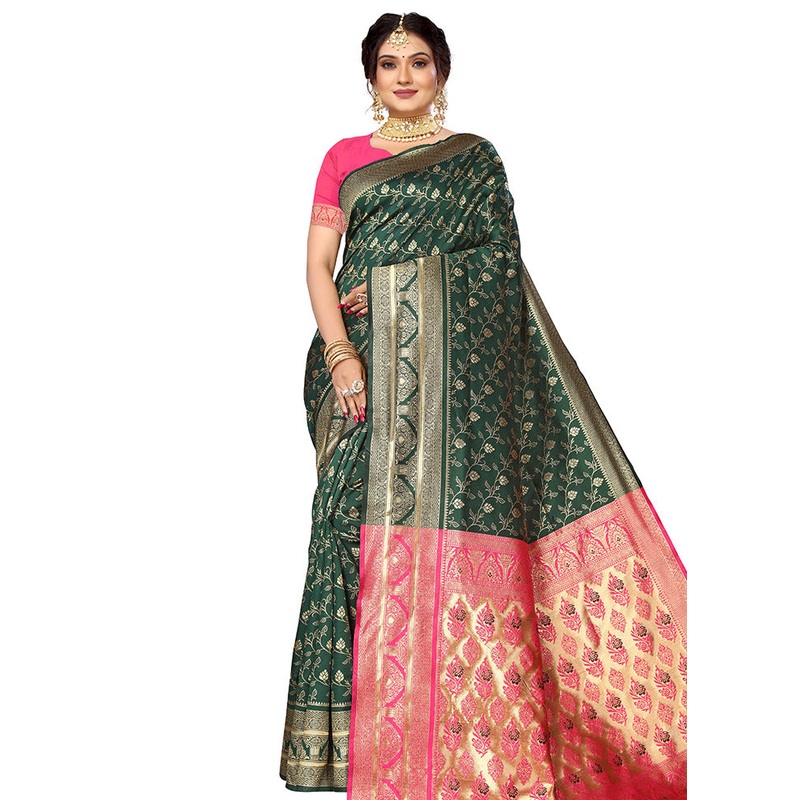 Deep Green Spun Silk Saree With Blouse Piece - JD986614138
