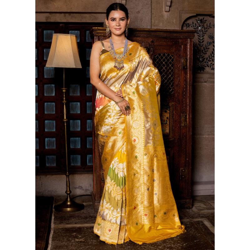 Gold Katan Pure Silk Saree With Blouse Piece - JD986614104