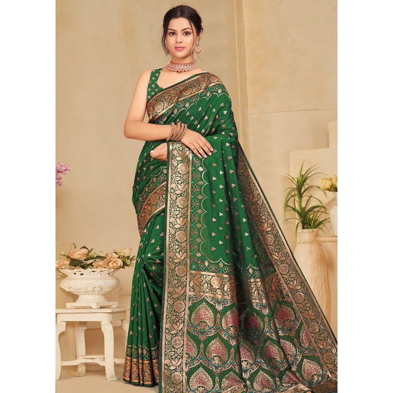 Green Banarasi Silk Saree With Blouse Piece - JD986614230