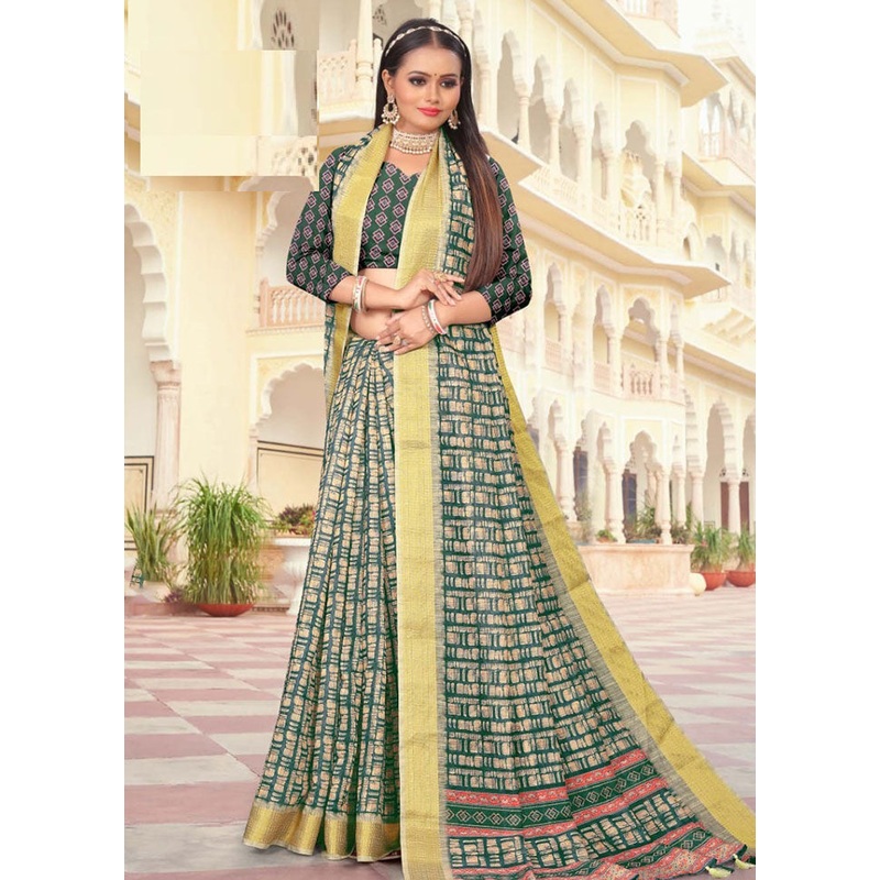 Green Cotton Saree With Blouse Piece - JD986614171