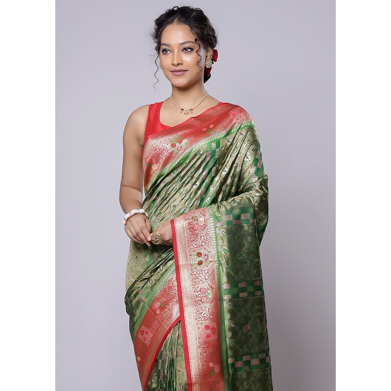 Green Dupion Silk Saree With Blouse Piece - JD986614245