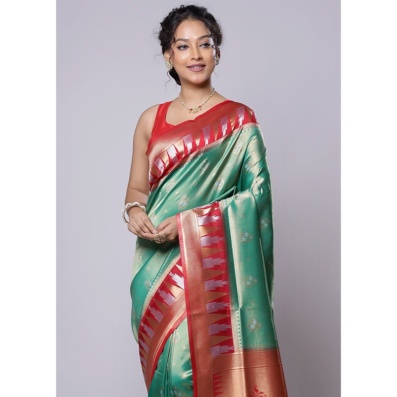 Green Dupion Silk Saree With Blouse Piece - JD986614248