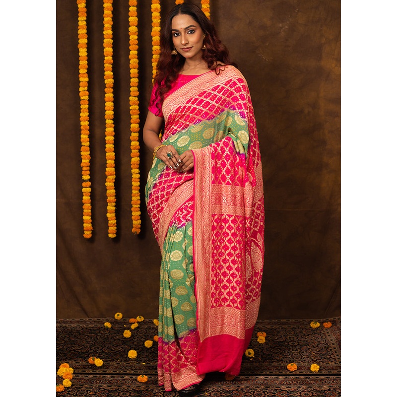 Green Pure Georgette Saree With Blouse Piece - JD986614102