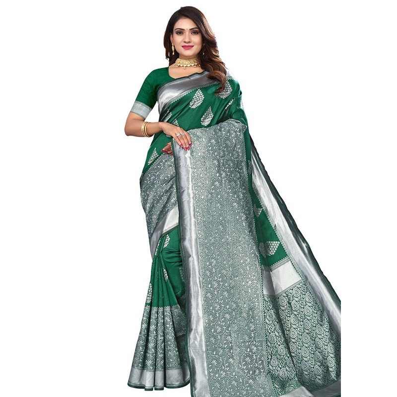 Green Spun Silk Saree With Blouse Piece - JD986614133
