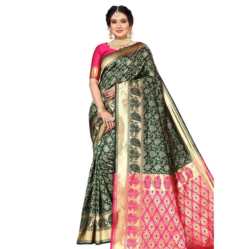 Green Spun Silk Saree With Blouse Piece - JD986614144