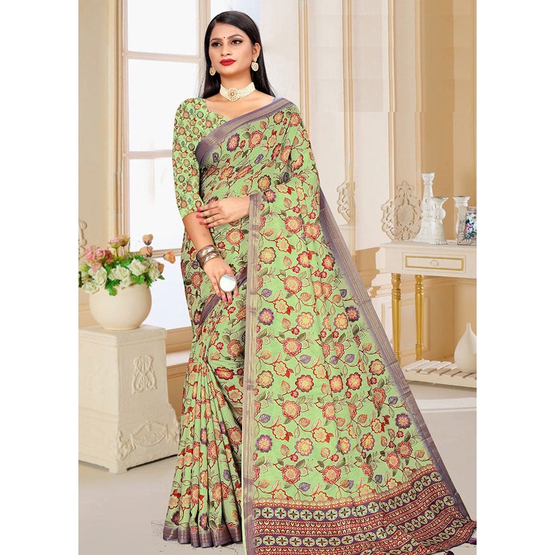 Green Spun Silk Saree With Blouse Piece - JD986614163