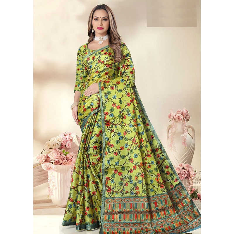 Green Spun Silk Saree With Blouse Piece - JD986614179